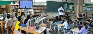 図書館授業（左）、教室に出張することも（右）