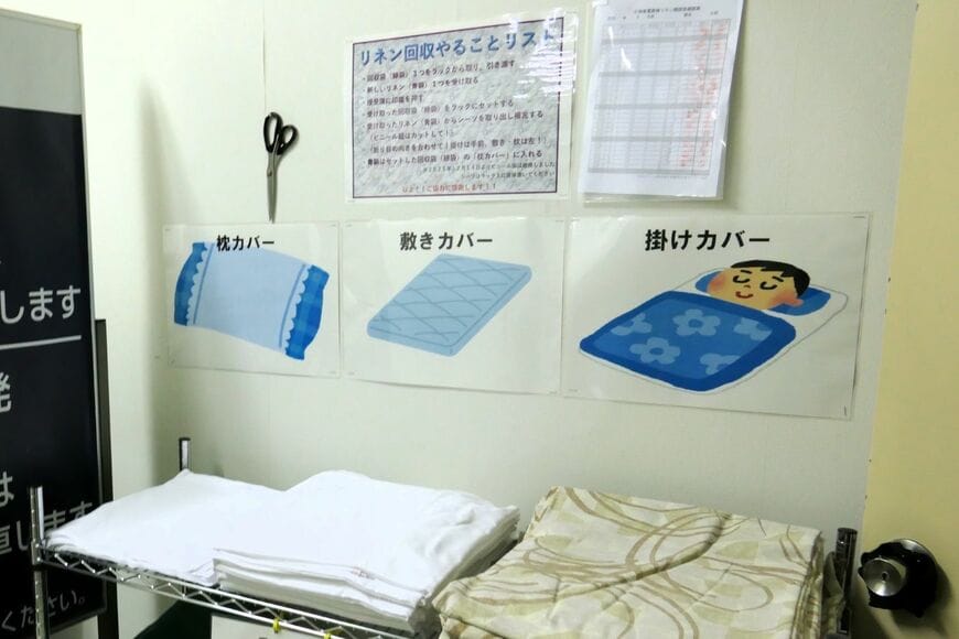 寝具のカバー類はここから持ち出す（記者撮影）