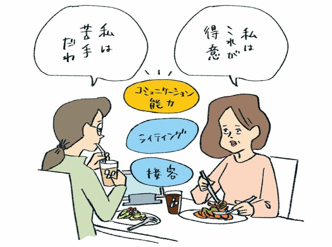 食事をしながら会話をする女性のイラスト