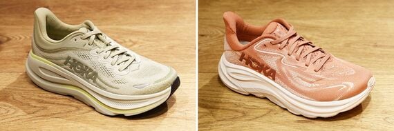 ベージュのHOKAのClifton 10、ピンク色のHOKAのBondi 9
