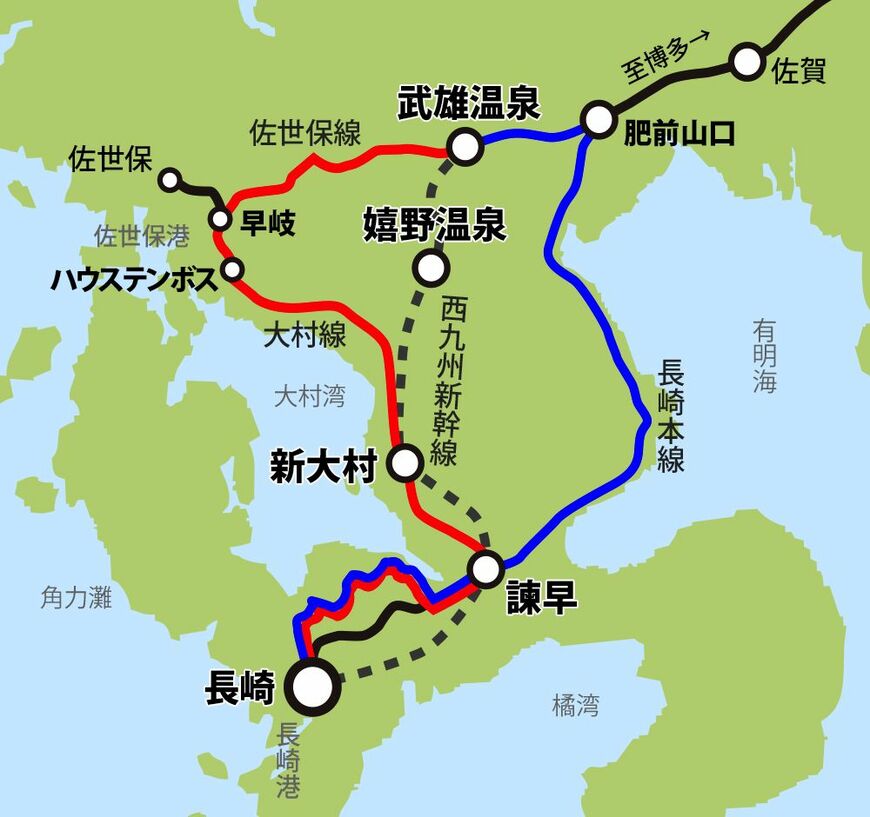 ふたつ星4047の運行予定区間。午前は青、午後は赤のルートを走る（画像：JR九州）