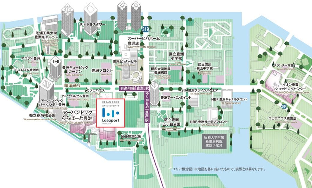 2012年時点での「アーバンドック ららぽーと豊洲」と周辺地図（出典：三井不動産ニュースリリース） 