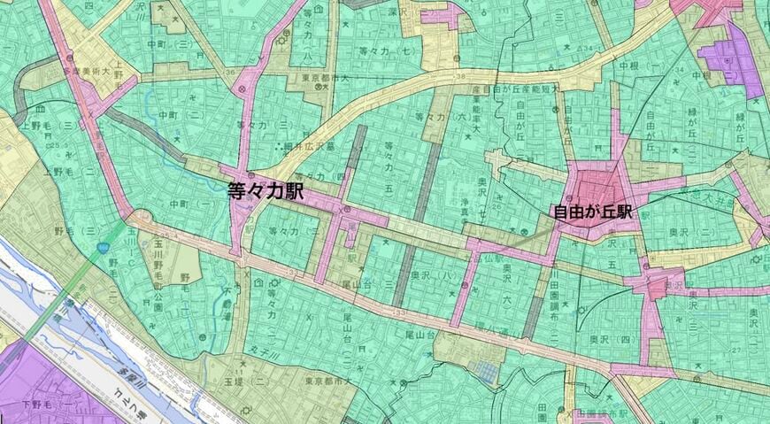 緑で示された地域が第1種低層住居専用地域（国土地理院 不動産情報ライブラリより筆者作成）