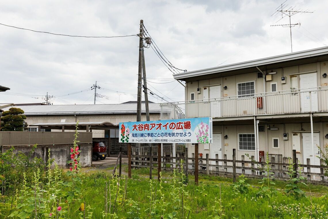 大谷向駅前にはタチアオイを植えた一角も。タチアオイは徳川の葵のご紋にちなむ（撮影：鼠入昌史）