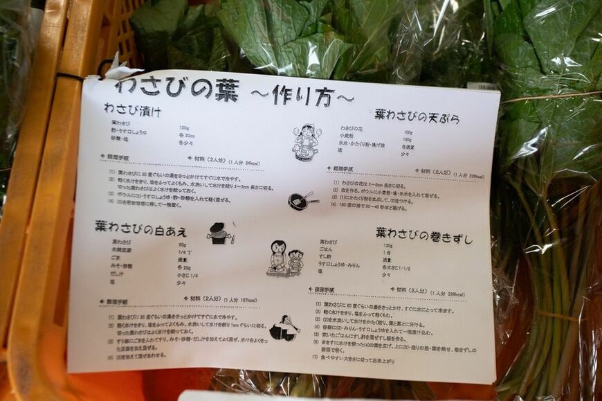 売り場には葉わさびのレシピを書いた紙が置いてあり、普段なじみのない人にも扱いやすいように工夫されている（筆者撮影）