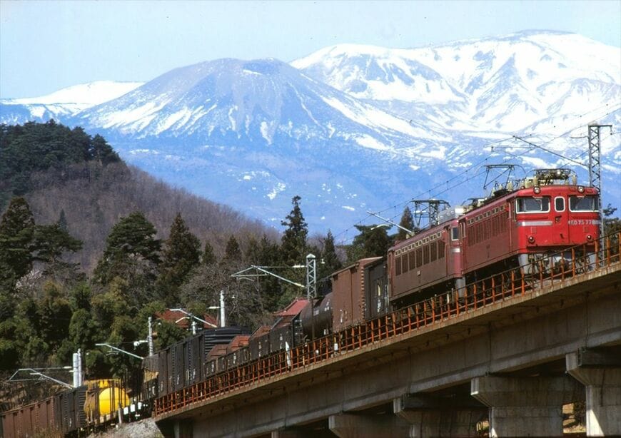 東北本線金谷川付近を行くED75形牽引の貨物列車（撮影：南正時）