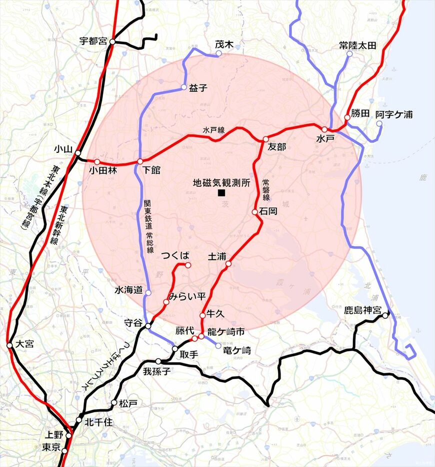 地磁気観測所とその周辺の鉄道路線（黒＝直流電化、赤＝交流電化、紫＝非電化）。現在は地磁気観測所から半径35km程度（薄赤円）が事実上の直流電化規制圏になっている（国土地理院地図を筆者加工）