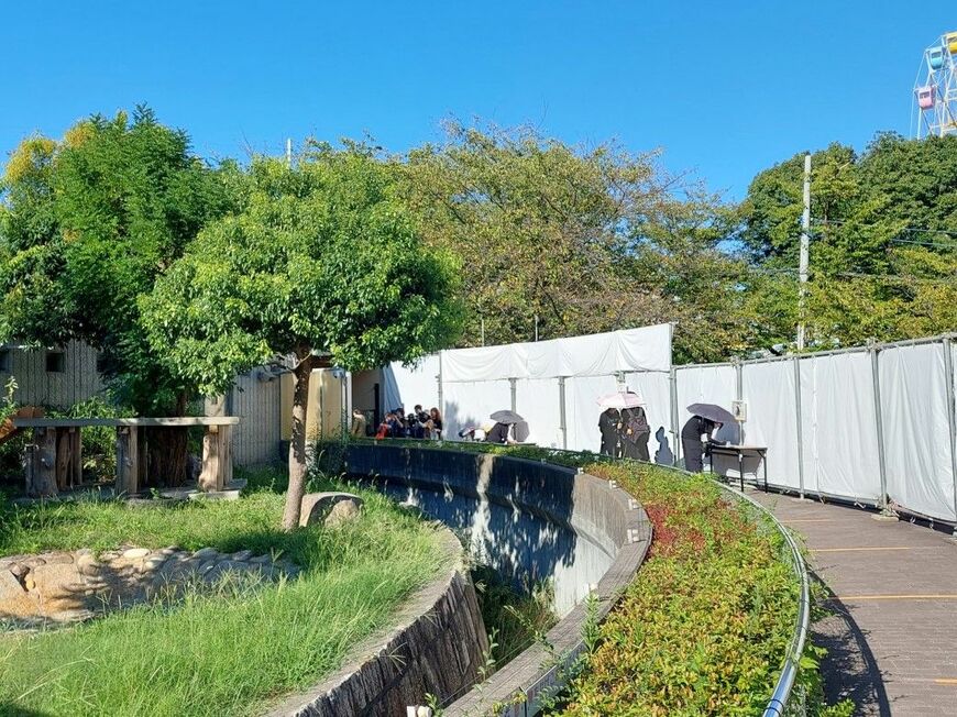 誕生日に公開されたパンダ舎の屋外エリア。白い布が目隠し。通路にはタンタンへのメッセージを書く場所が設けられ、暑い中、多くの人が記していた。2023年9月16日（筆者撮影）