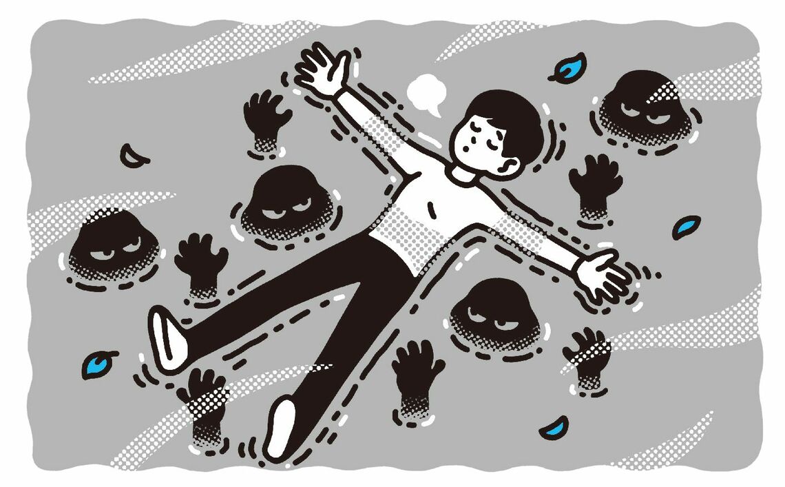 底なし沼で大の字になって浮かんでいる男性のイラスト