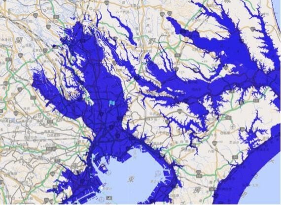 約6,500年前の関東地方を海であった範囲のイメージ図