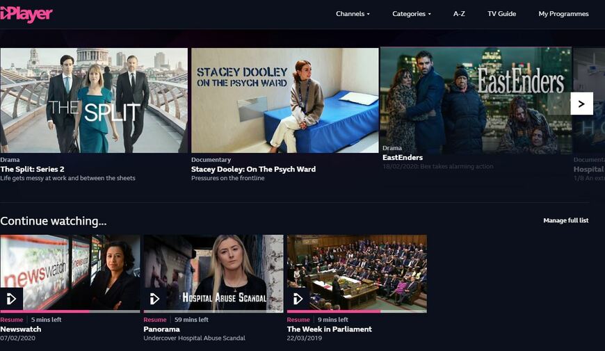 BBCの番組見逃し視聴サービス「iPlayer」のスタート画面（BBCのサイトより）