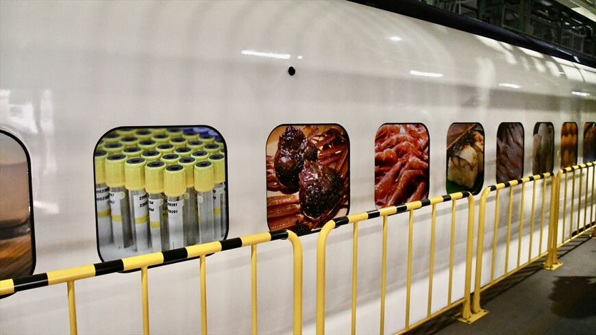 E3系を改造した荷物専用新幹線。白い車体の窓には東北の水産物や医療関係品など車内に積む荷物をイメージしたラッピングを施している（記者撮影）