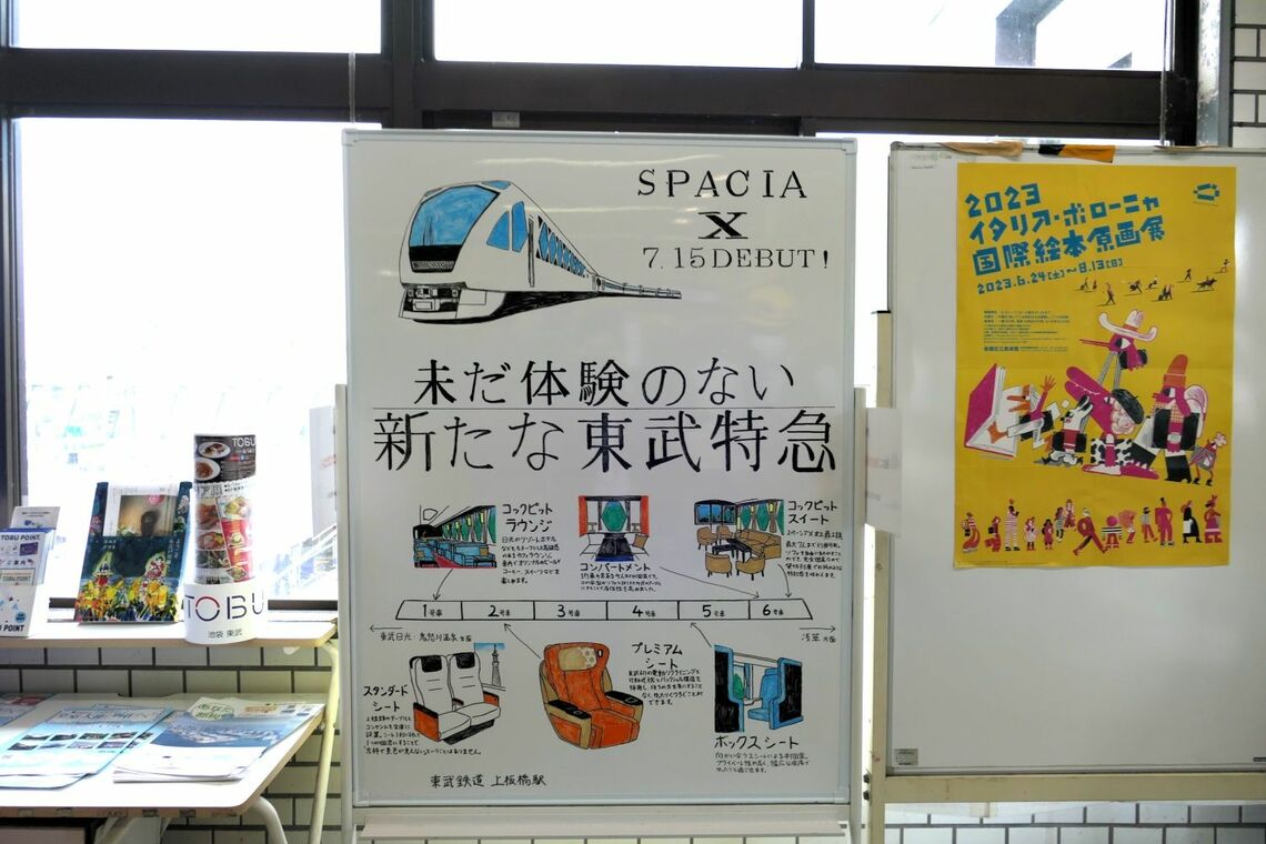 構内の駅係員が手書きで描いた「スペーシアX」の紹介。その隣に「国際絵本原画展」のポスター（記者撮影）