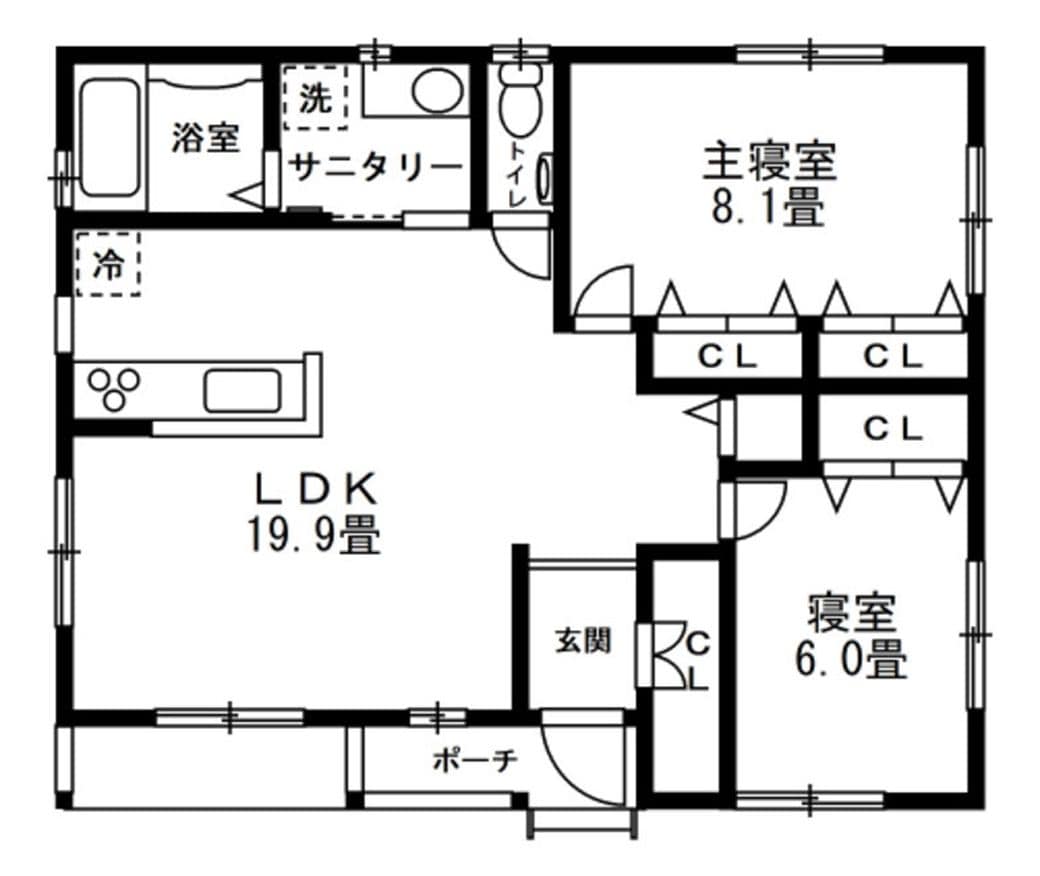 床面積76.18平米、2LDKの平屋。玄関ホールを中心にした間取りで廊下をなくして面積のロスを排除。その分LDKにゆとりをもたせた（SUUMOジャーナル編集部作成）