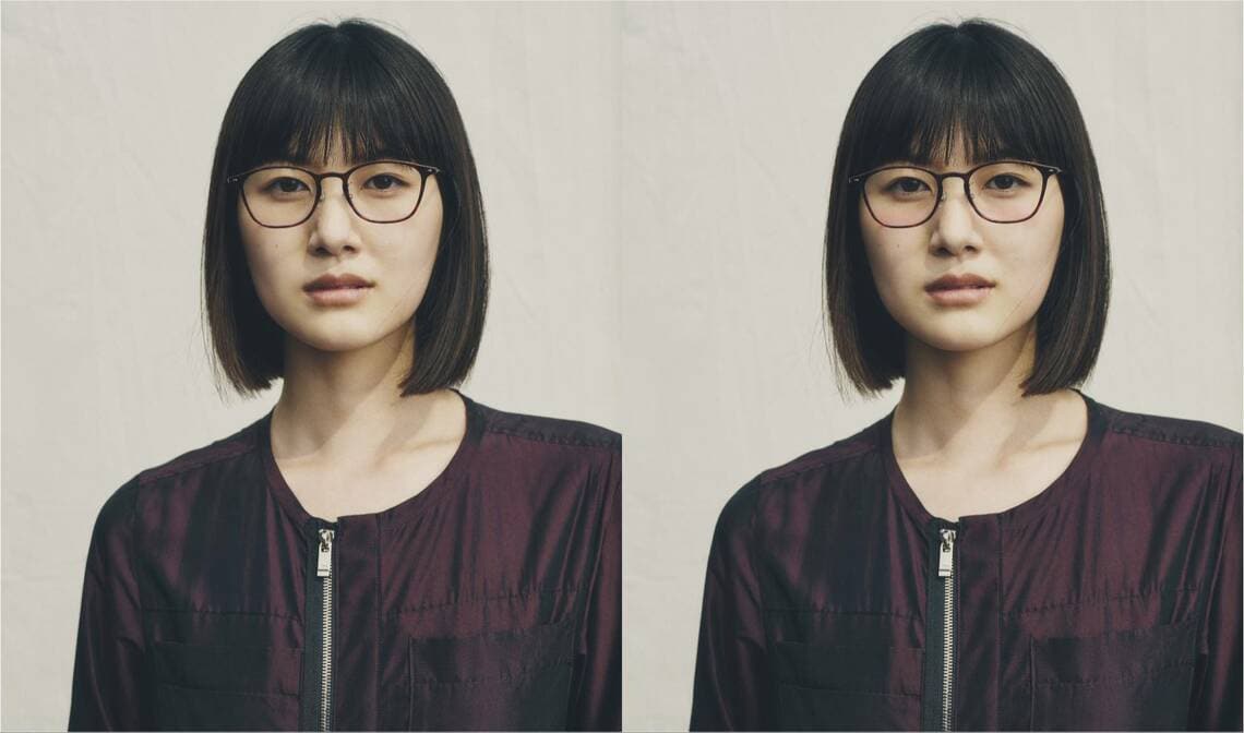 通常のレンズ（左）とチークカラーレンズ（ピンク）のイメージ（写真：ジンズ）