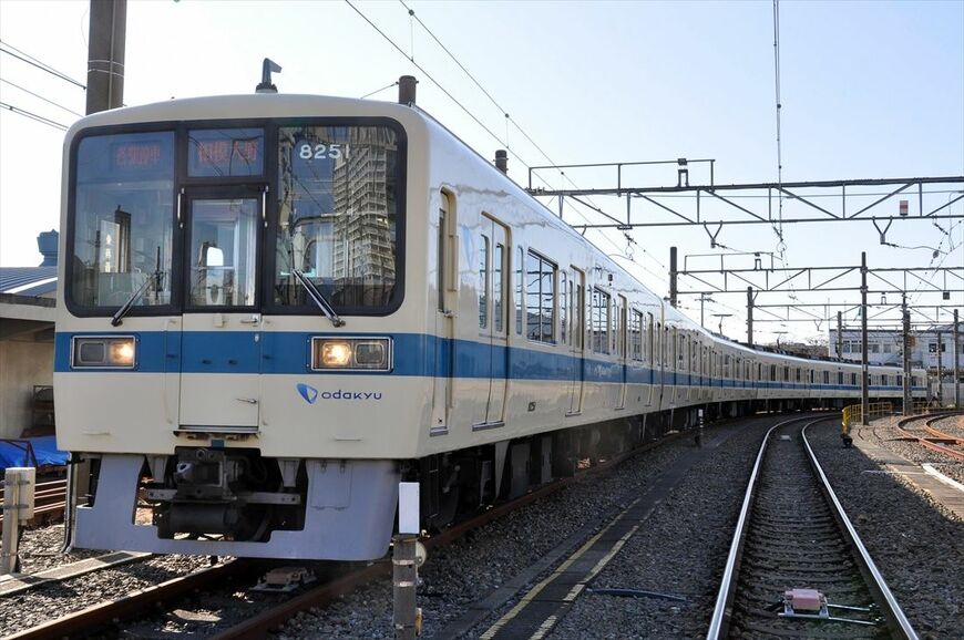 白い車体に青いラインの8000形8251を先頭にした6両編成（記者撮影）