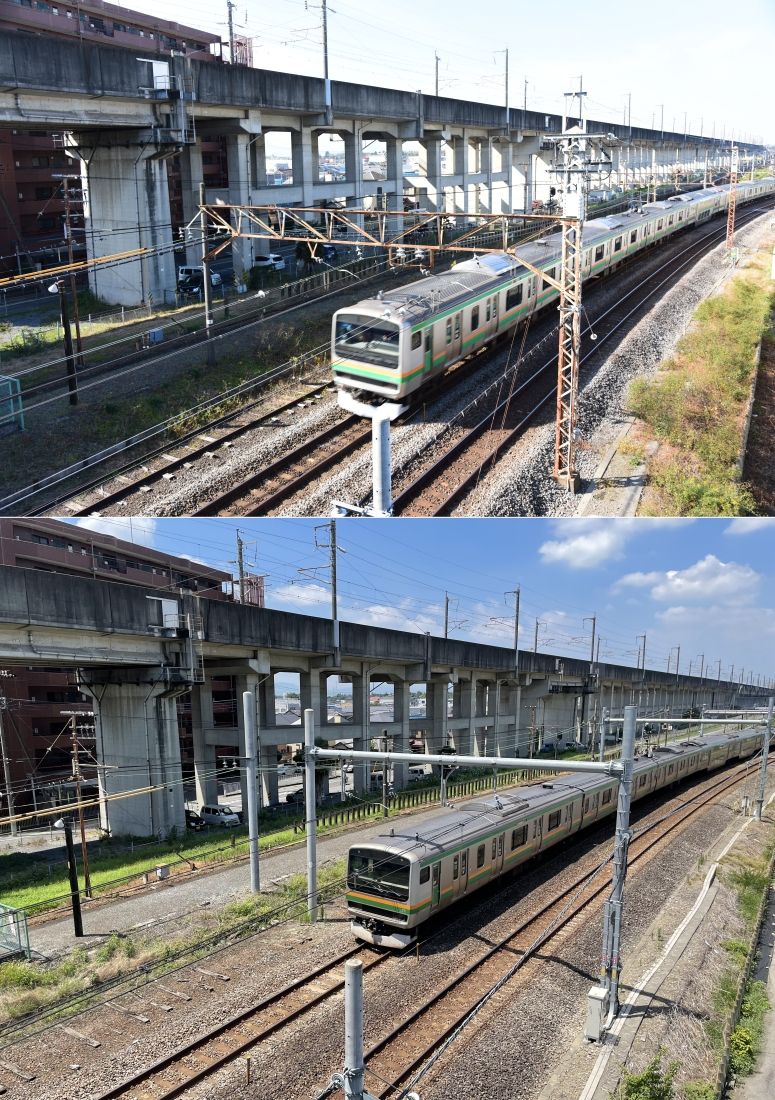上熊谷駅付近の跨線橋より。2017年撮影時（上）には高崎線のすぐ左に熊谷線のレールが残っていたが、現在（下）は撤去されている。2019年の高崎線の架線柱更新工事の際に撤去された（筆者撮影）