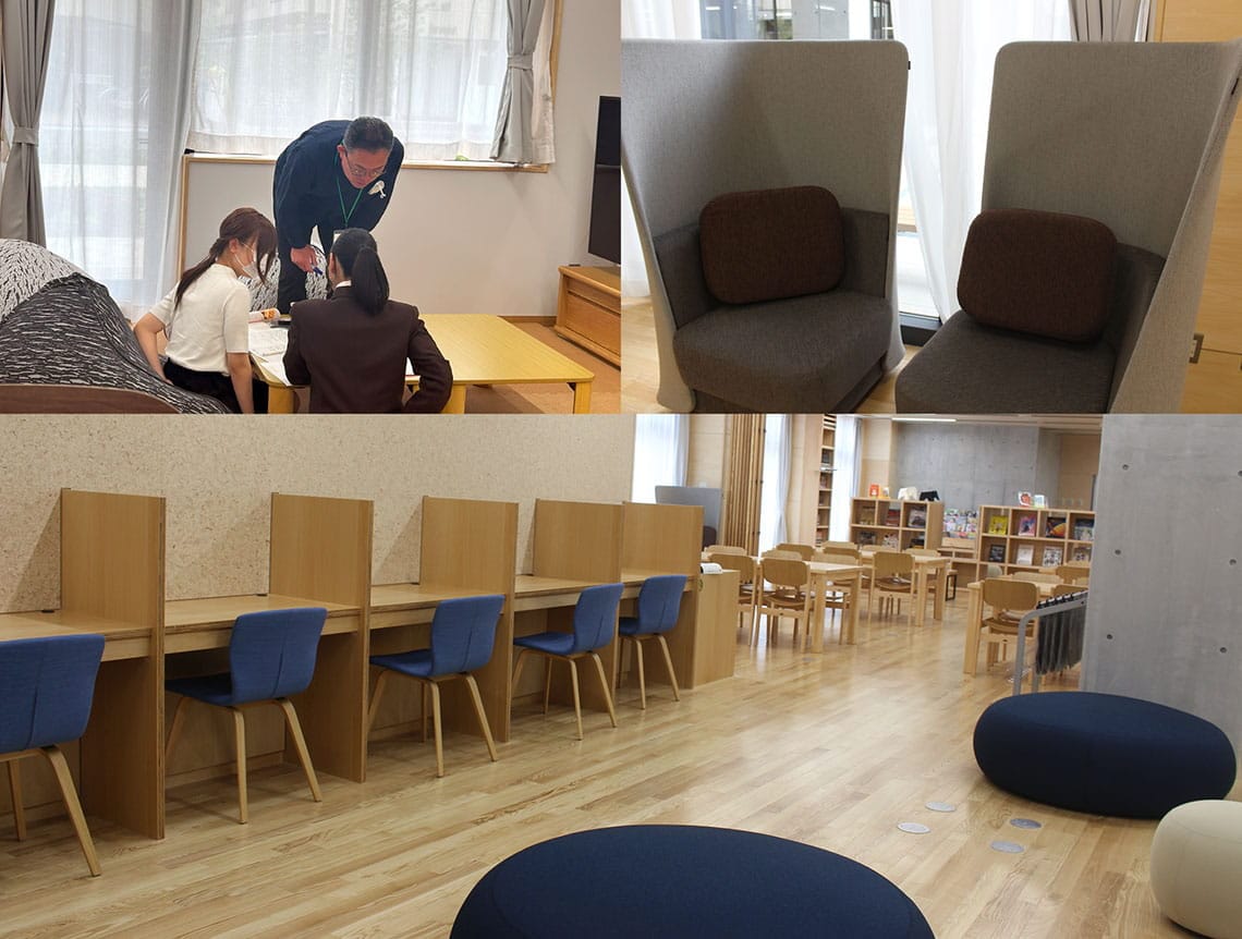 コイコイルームは、NPO法人のスタッフが指導を担う（左上）。コイコイルーム前の図書室も随所にリフレッシュできるスペースを設置（右上、下）