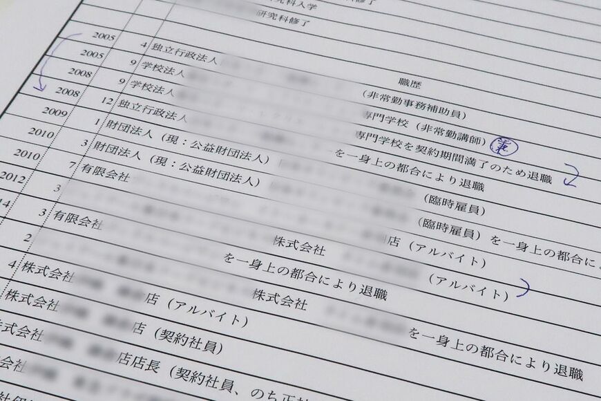 非正規雇用契約が並ぶ履歴書からは、一目で就職氷河期世代ならではの厳しさが伝わる。有給休暇が取れないなど法律が守られない職場も多かったという（写真：編集部撮影）※一部加工しています