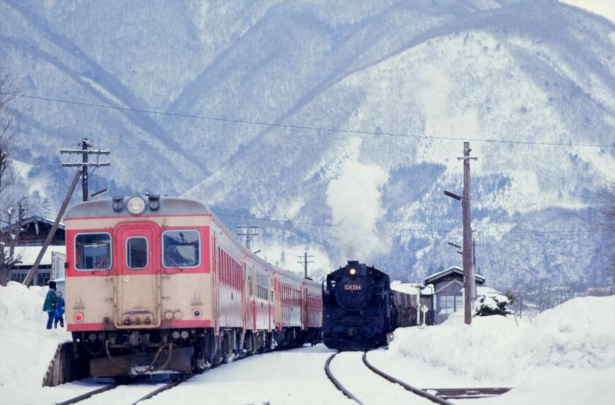 上三寄駅（現・芦ノ牧温泉駅）で、さまざまな形式の気動車を連ねた列車と交換するC11形の貨物列車（撮影：南正時）