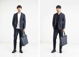ネイビーのセットアップのインナーに選ぶシャツで出る違い。左は首が詰まっている白Tシャツ、右はVネック黒Tシャツ
