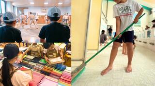 墨田区で行われたハロカルホリデーでは、200以上の活動に子どもたちが参加した。左上：相撲部屋の朝稽古見学、左下：鞄づくり体験、右：銭湯の掃除体験（写真：CFC提供）