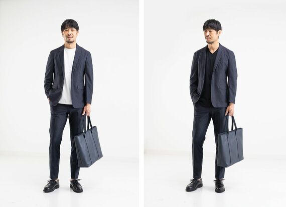 ネイビーのセットアップのインナーに選ぶシャツで出る違い。左は首が詰まっている白Tシャツ、右はVネック黒Tシャツ