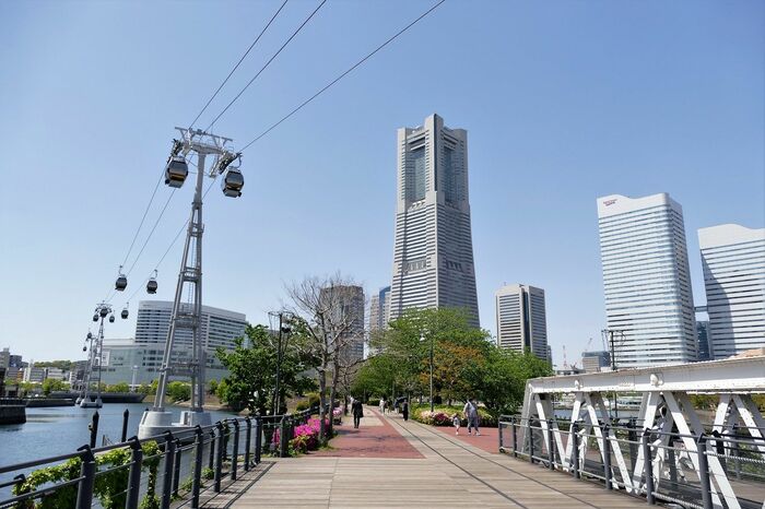 運河パーク駅近くで遊歩道の上空を通過