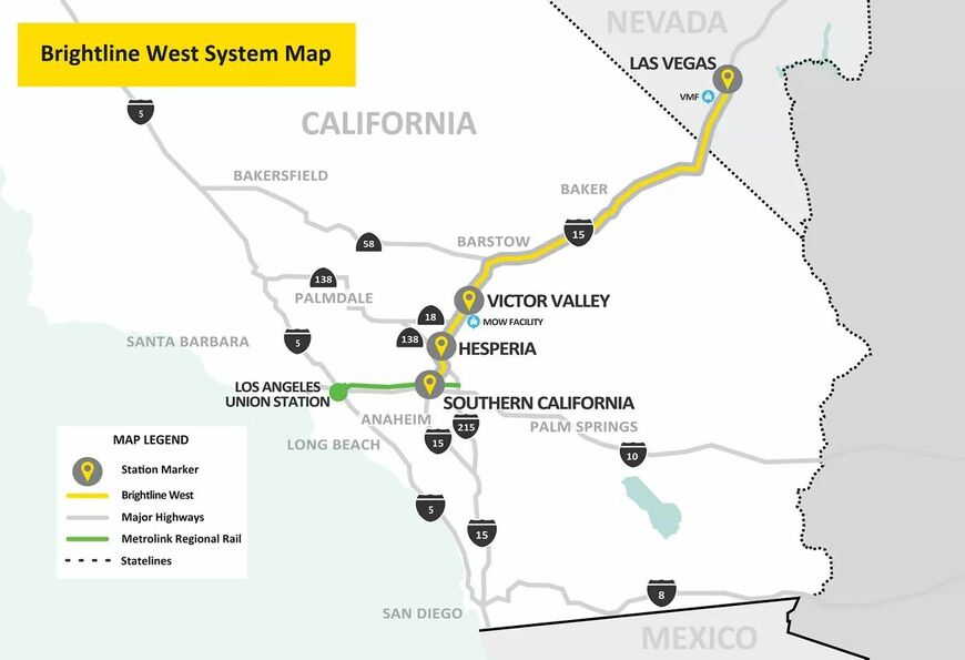 「ブライトラインウエスト」の計画路線図（画像：Brightline West）