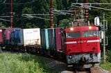「赤2号」塗装のEF81形が牽引する貨物列車が北陸本線を駆ける（撮影：南正時）