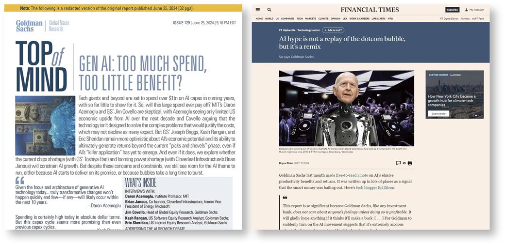 米ゴールドマン・サックスや英フィナンシャル・タイムズは、生成AIの成長などに対する懸念をそれぞれ指摘した
