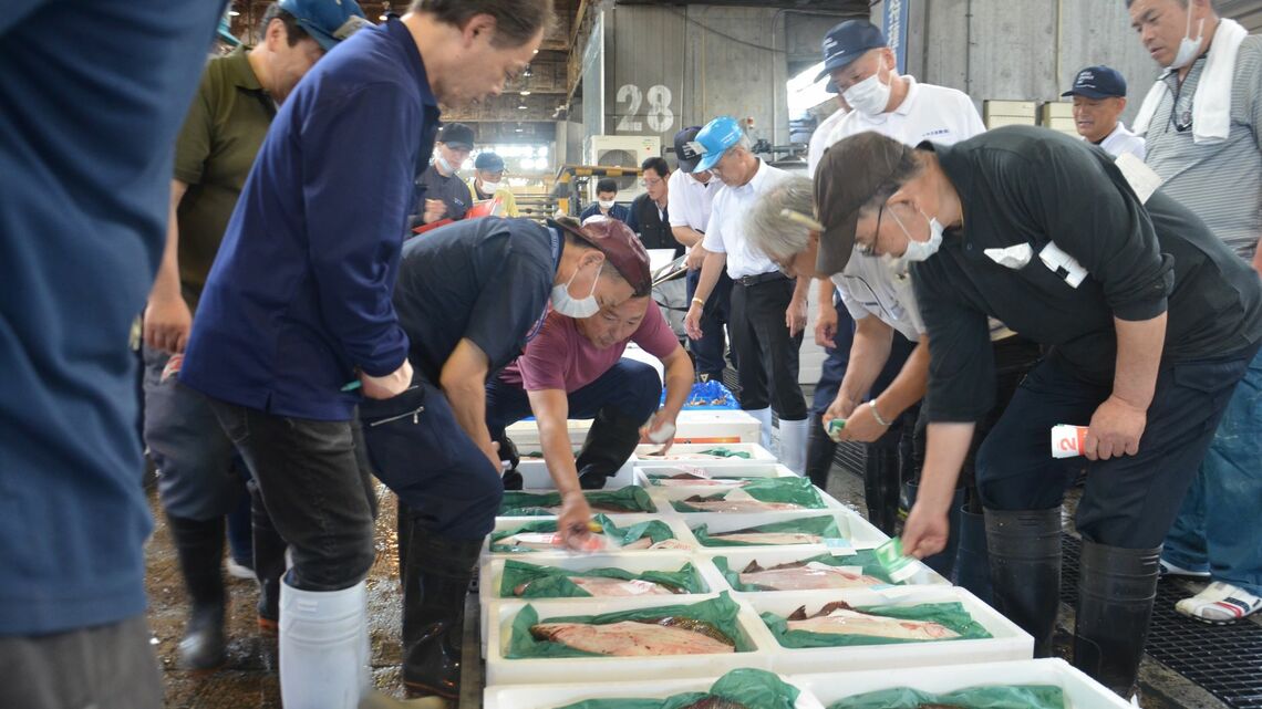 いわき市中央卸売市場の競り。「常磐もの」の主役・ヒラメが並ぶ（筆者撮影）