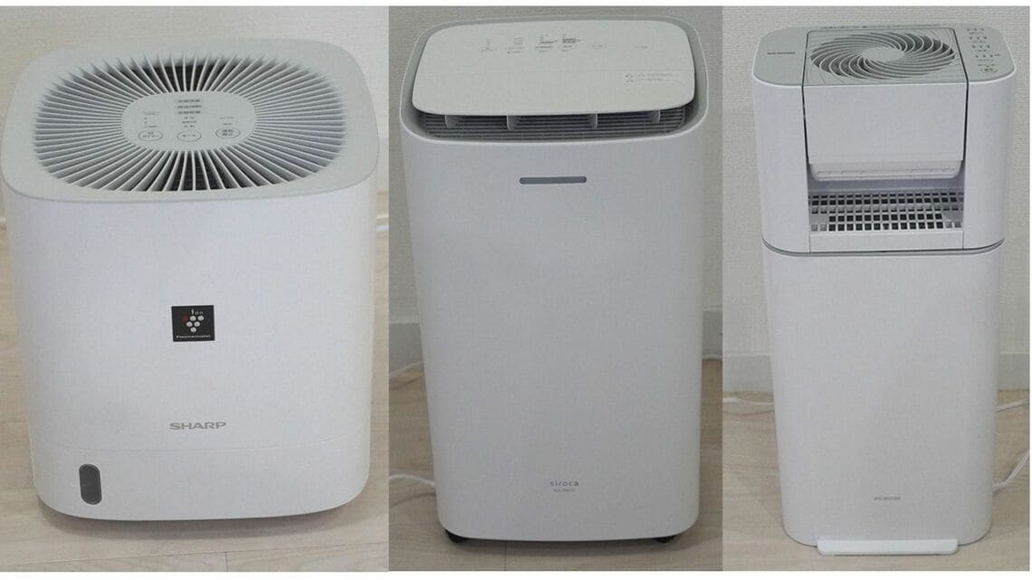 左からシャープ「CV-T60」、シロカ「SDC-10D171」、アイリスオーヤマ「IJDI50-WH」（筆者撮影）