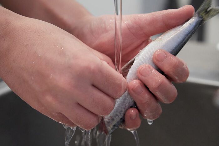 内臓をとったら、流水でよく洗い流します