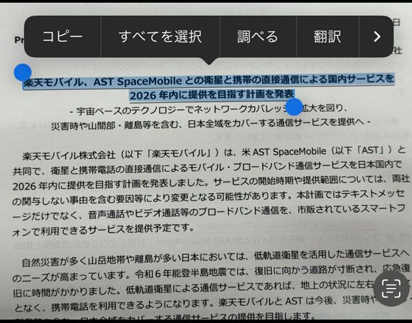 写真内の文字列を、サイト閲覧時などと同様に選択できる。このまま、検索などに飛ぶことも可能だ（筆者撮影）