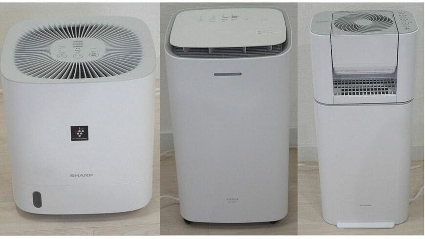 左からシャープ「CV-T60」、シロカ「SDC-10D171」、アイリスオーヤマ「IJDI50-WH」（筆者撮影）