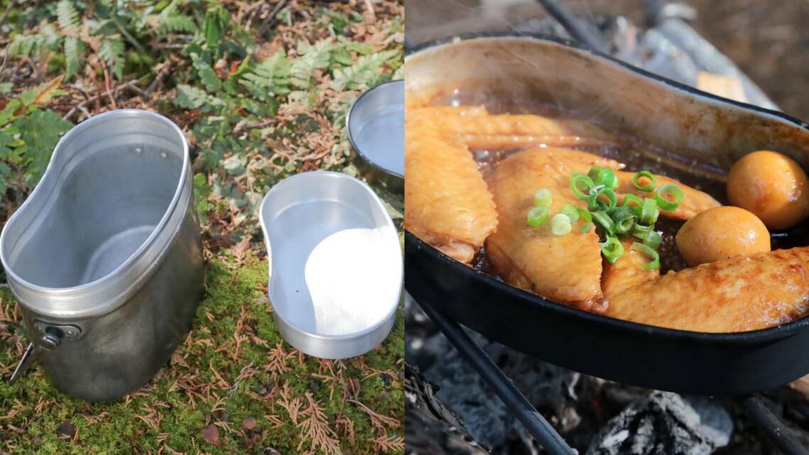 外ぶたを開けると、内側に中蓋ぶたがある（左）。外ぶたをフライパン代わりにして煮込み料理もできる（右、写真の食材は手羽先。撮影：山本 修二）