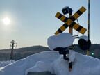 雪に埋もれた踏切信号機