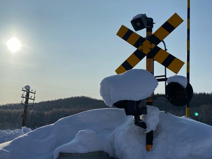 雪に埋もれた踏切信号機