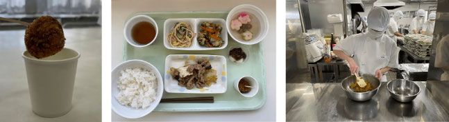 左から順に「グリラスかぼちゃコロッケ」、「メニュー全体」、調理風景