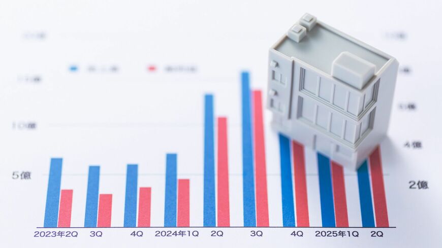 会社の業績グラフと企業ビル