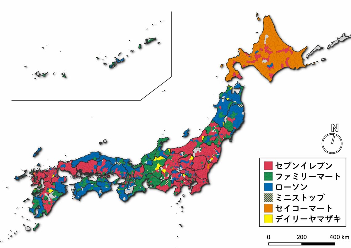 図1：（全国）店舗データを可視化すると、主要3社が得意な地域が一目でわかる