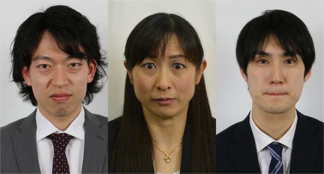 左から①鼻の周りに生じるしわ、②額の強張り＋目の見開き、③一文字に結ばれる唇（写真：空気を読むを科学する研究所）
