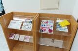 商品のチラシやサンプルが置かれたラック（筆者撮影）