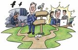 岐路で思案するスーツ姿の男性のイラスト