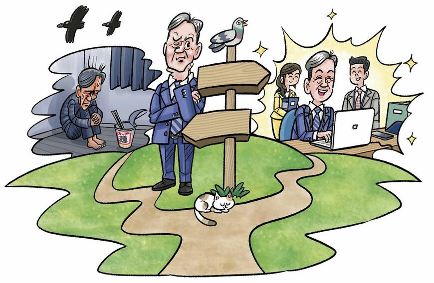 岐路で思案するスーツ姿の男性のイラスト