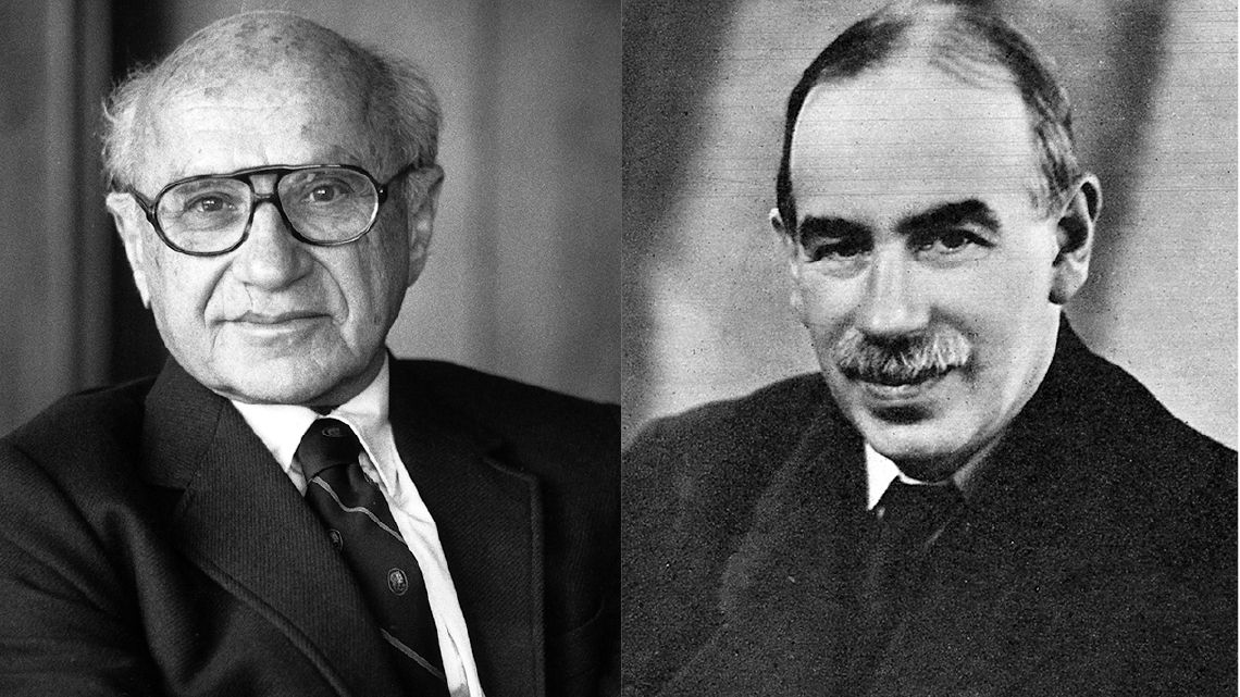 経済学者のジョン・メイナード・ケインズとミルトン・フリードマンのポートレート