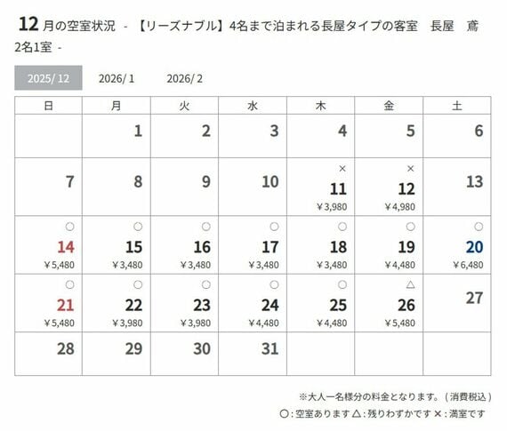 2025年12月の素泊まりプラン価格