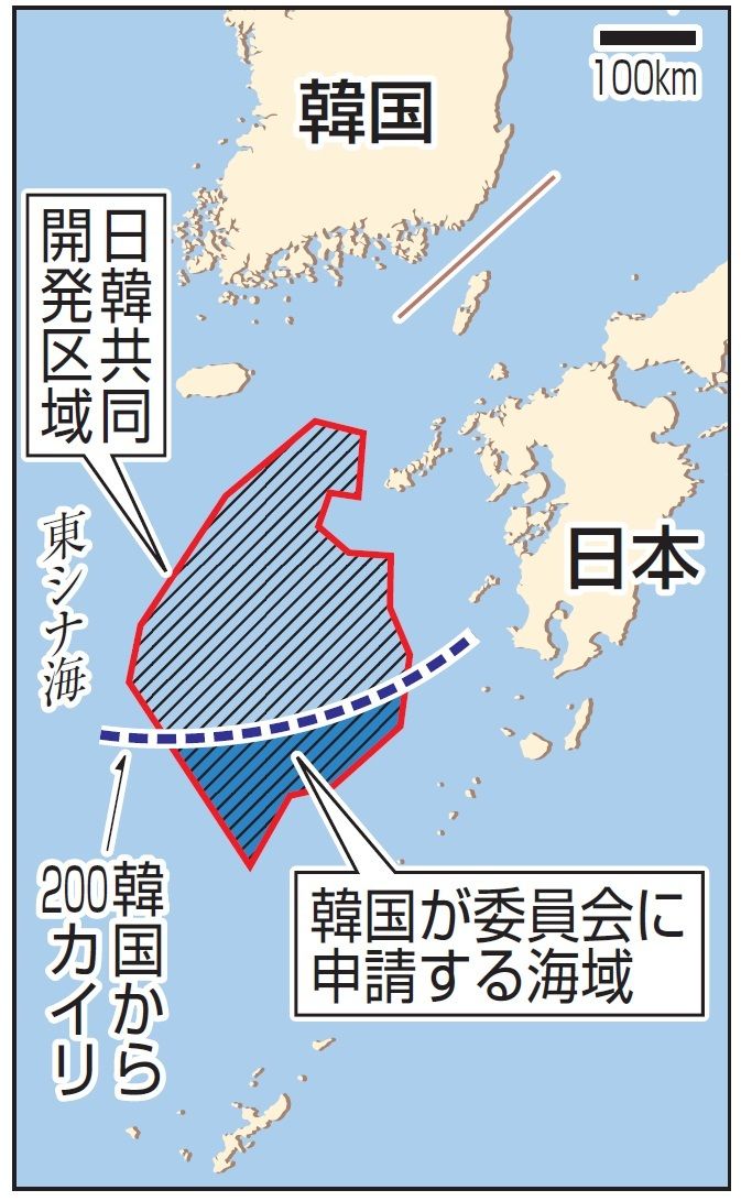 韓国は領海を拡大するべく国連大陸棚限界委員会（CLCS）に対し、沖縄トラフまでの限界延長を申請している（グラフィック：共同通信）