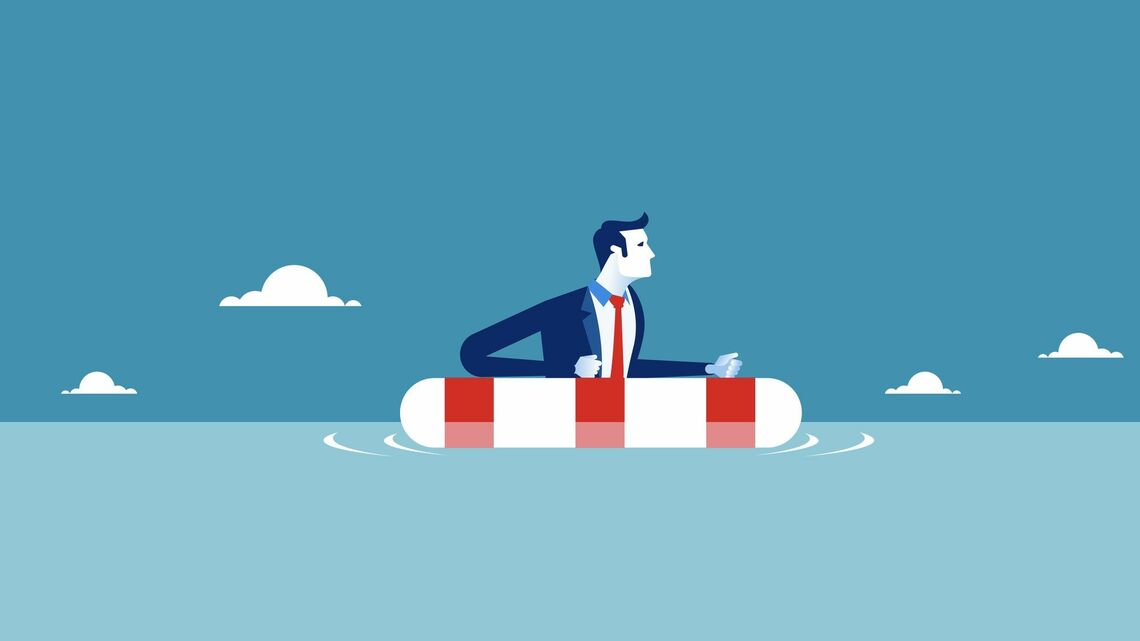 イラスト 浮き輪で浮かぶスーツの人物